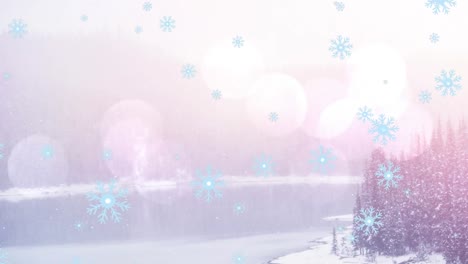 animation of snowflakes falling over fir trees and winter landscape
