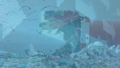video compuesto digital de múltiples flechas moviéndose contra el vertedero con pájaros volando en el cielo