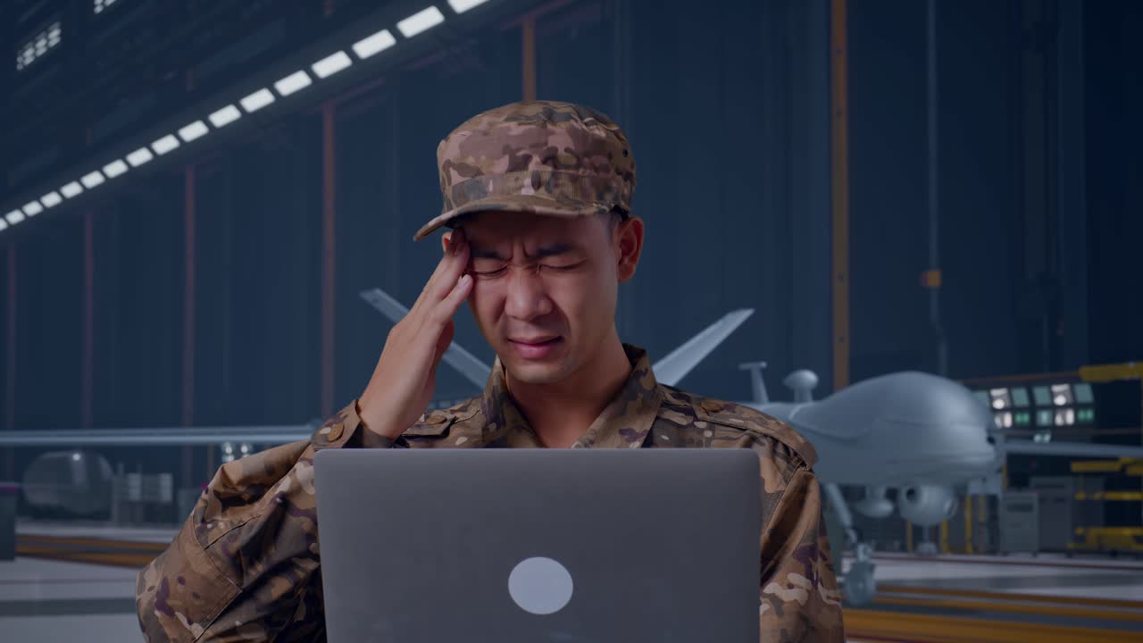 Close Up Of Asian Man Soldier Using A Laptop And Having A Headache While Standing With Modern Military Drone In Maintenance Hangar