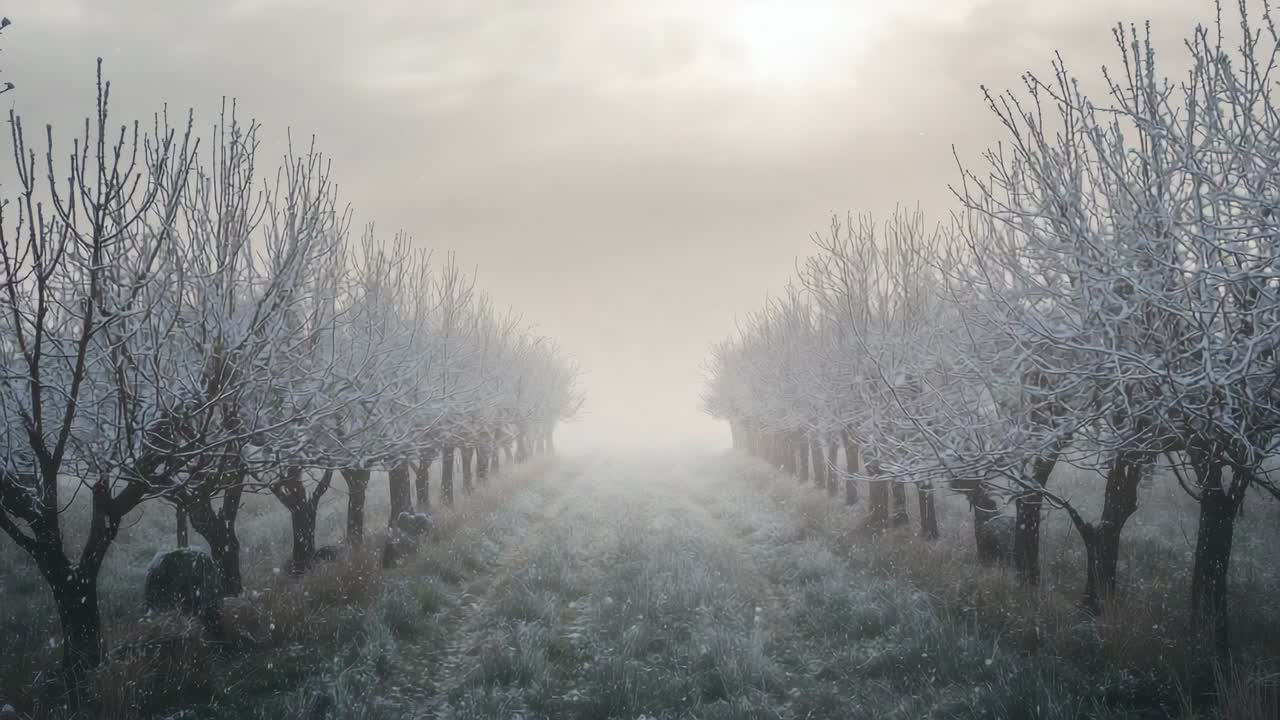 Moving camera pushing forward down centered frosted tree rows and grassy aisle, bringing fog closer
