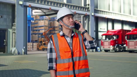 asian male engineer with safety helmet talking on smartphone while standing , outside of logistics distributions warehouse
