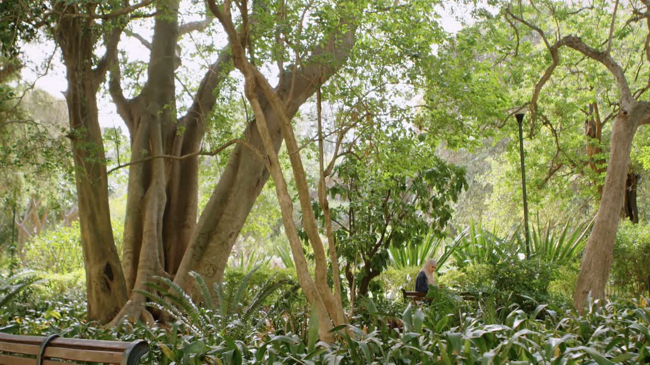 히자브 를 입은 여자 가 공원 에 앉아 있다 4k