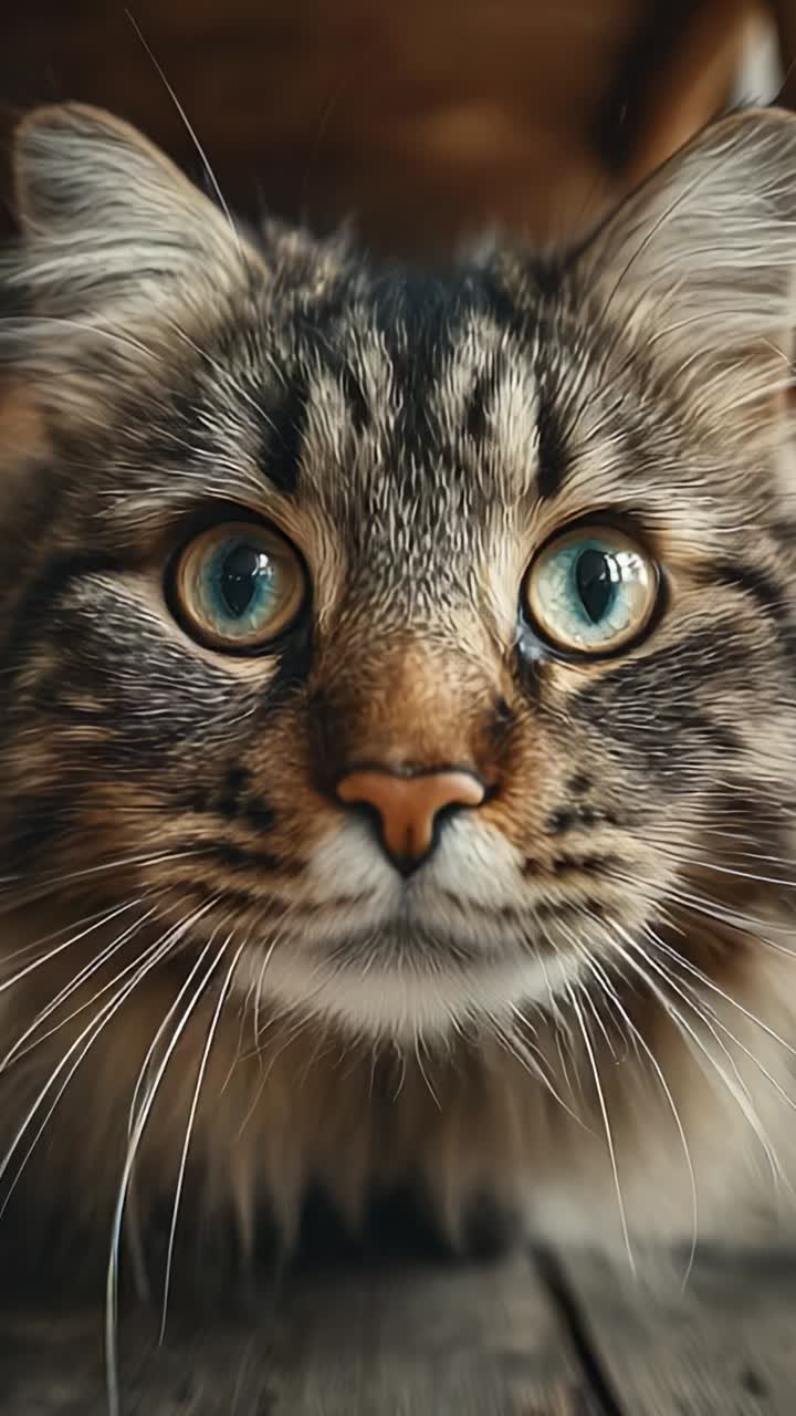 Un primo piano di un adorabile gatto con sorprendenti occhi blu-verdi, pelo lungo e un'espressione coinvolgente, che cattura la bellezza e il fascino dei tratti felini