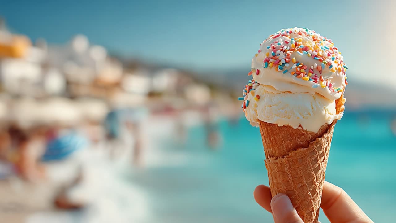 Heerlijk ijshoorntje met kleurrijke hagelslag tegen een prachtige strandachtergrond, dat de essentie van zomers genot en verfrissing vastlegt