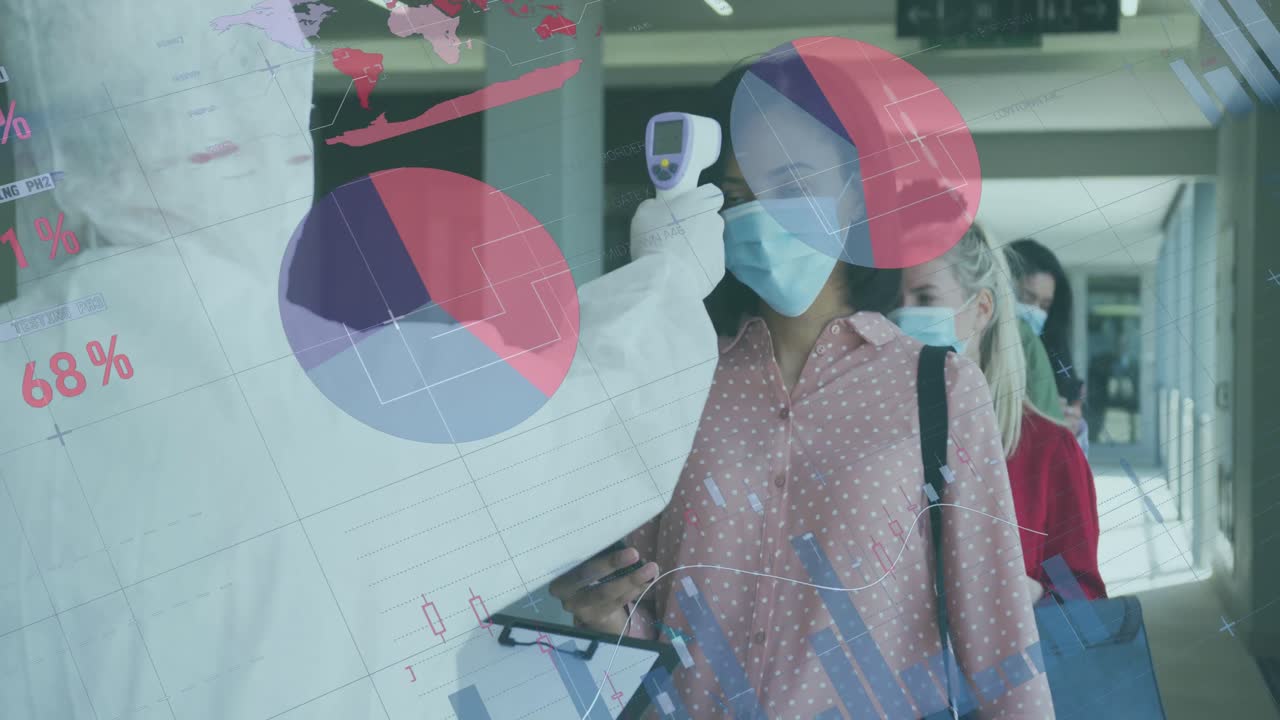 얼굴 마스크를 입은 다양한 사업가들의 온도 판독에 대한 데이터 처리 애니메이션