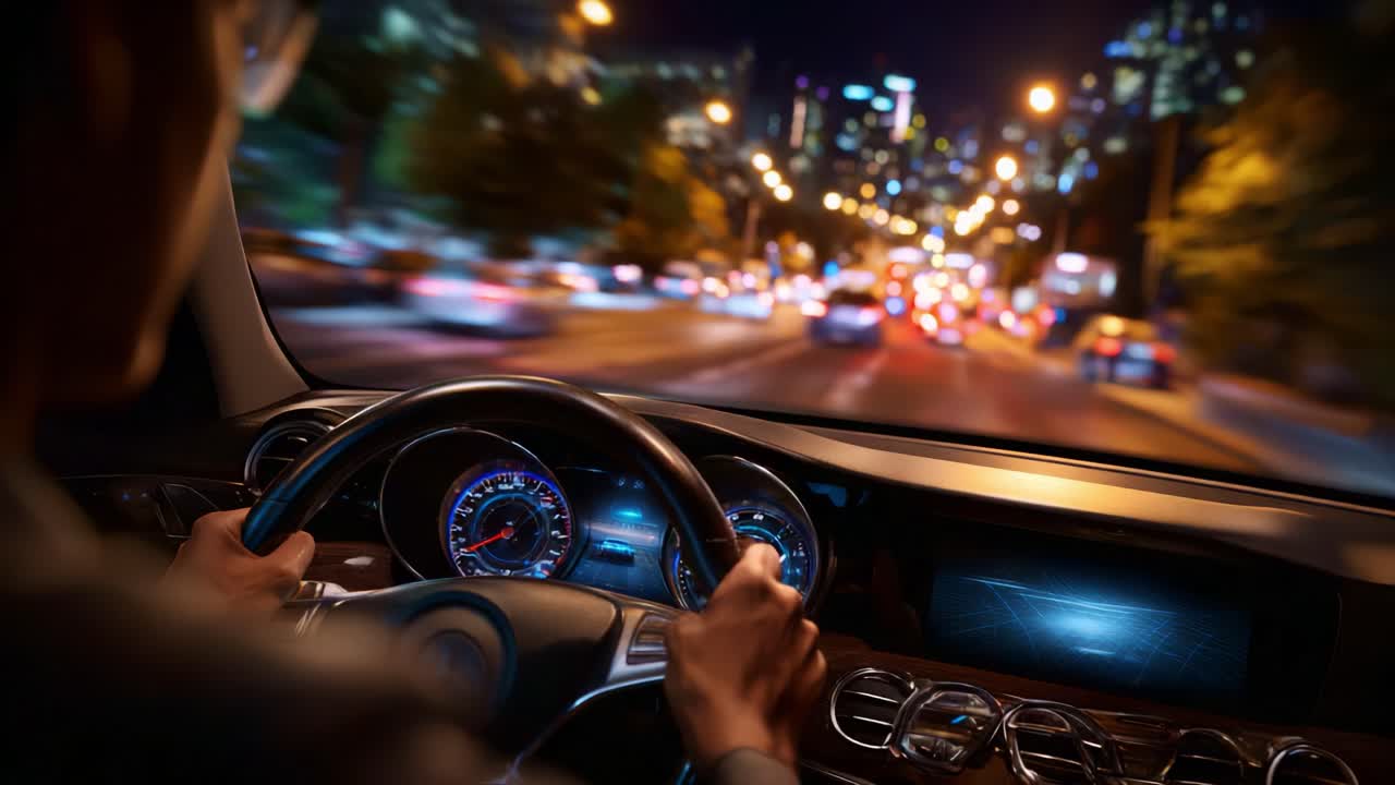 Esperienza di guida notturna: primo piano di un conducente che guida per le strade della città, circondato dalle luci urbane e dai veicoli in movimento