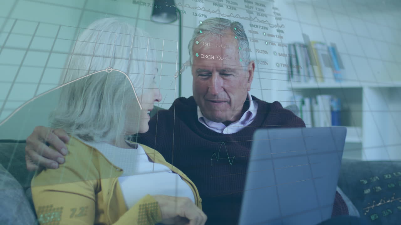 Animation of financial data processing over senior couple using laptop