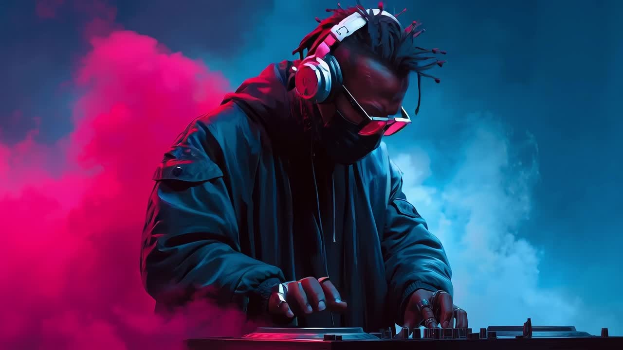 A man in a black jacket and headphones playing a dj set