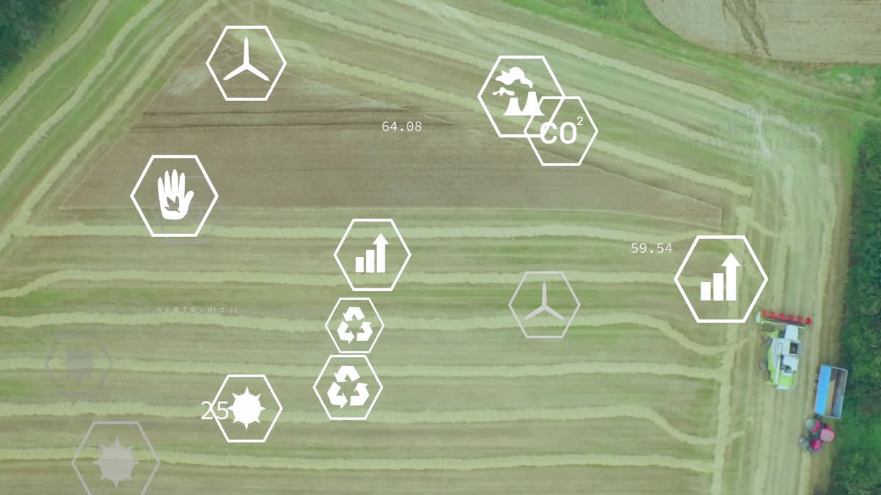 Combine harvester harvesting crops while showing hexagon wind CO? recycle growth sun data overlays