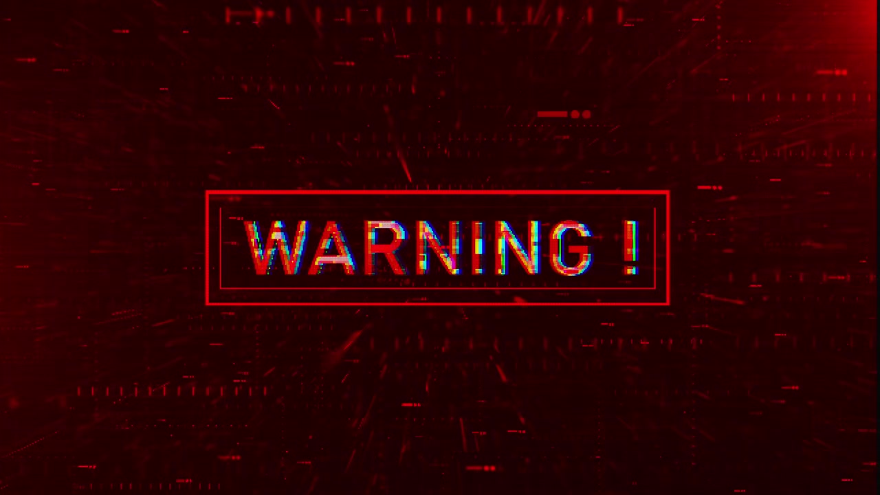 Glitch warning cyber security visual crimson alert text red digital interference and dark corrupted