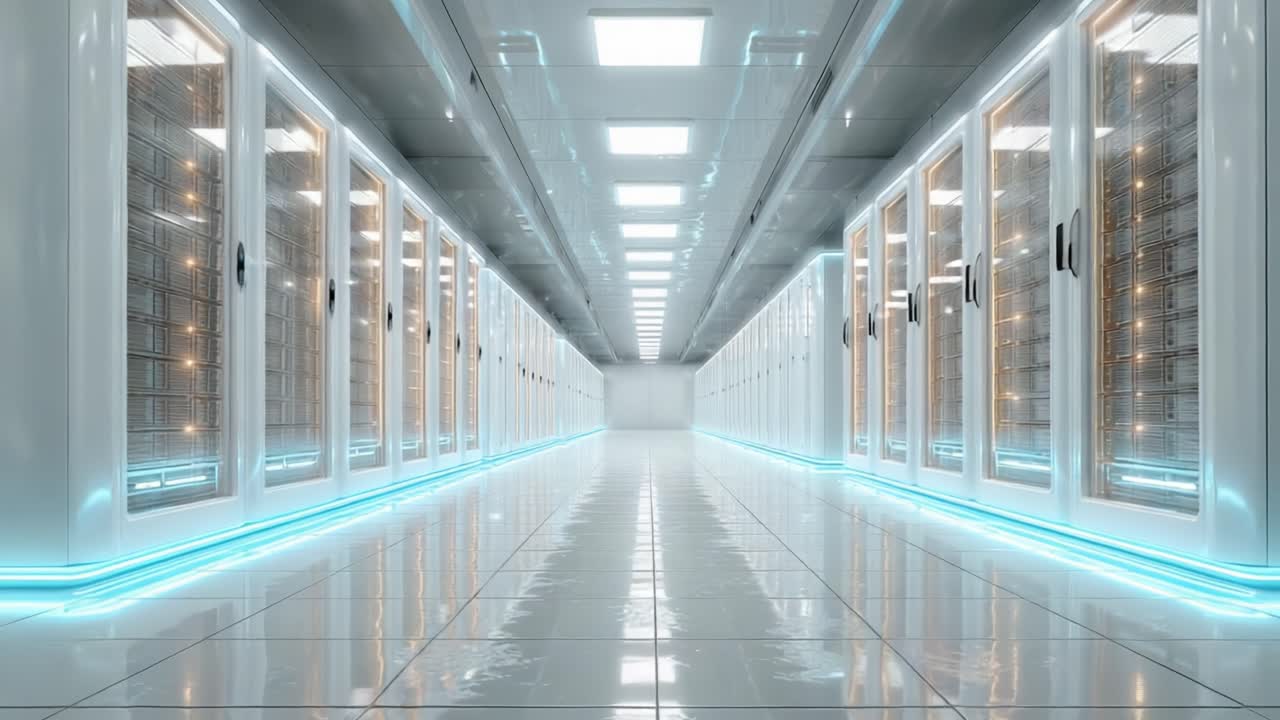 Uno sguardo mozzafiato a un data center high-tech con file di scintillanti server rack che riflettono le luci e trasmettono un senso di tecnologia avanzata e connettività