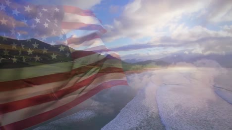 Digital-composition-of-waving-us-flag-against-aerial-view-of-the-beach