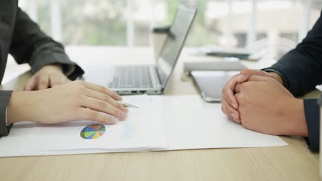 slow motion scene of investor businessmen explain about advantage and deal project and handshake with partner vendor after finish agreement concept