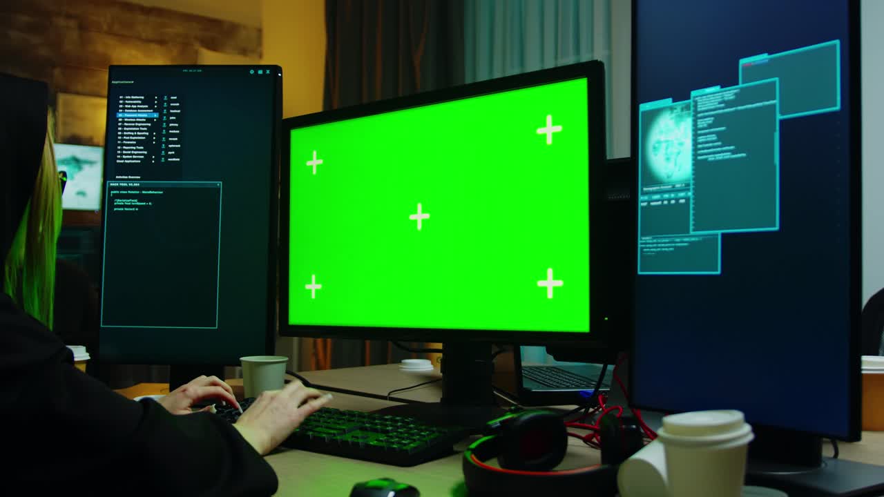Zoom in shot of hacker girl in front of computer with green screen