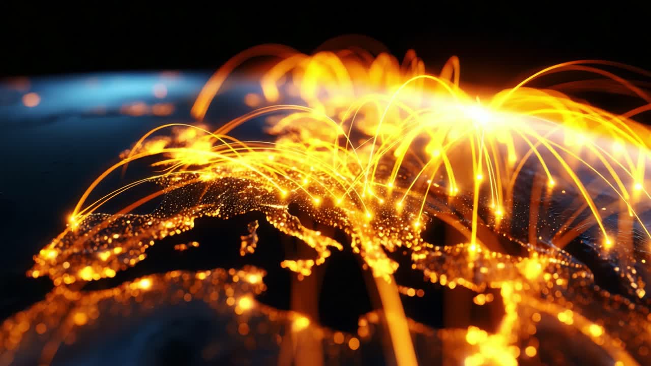 Dynamic Visualization of Global Connectivity: Illuminated Lines Connecting Cities and Regions on Earth, Representing Data Transfer, Communication, and Network Interactions Across the Globe