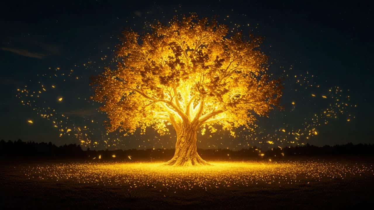 A Majestic Golden Tree Illuminates the Night Sky, Casting a Warm Glow Over the Surrounding Landscape with Enchanted Sparkles and Radiant Foliage