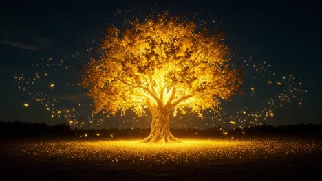 a majestic golden tree illuminates the night sky, casting a warm glow over the surrounding landscape with enchanted sparkles and radiant foliage
