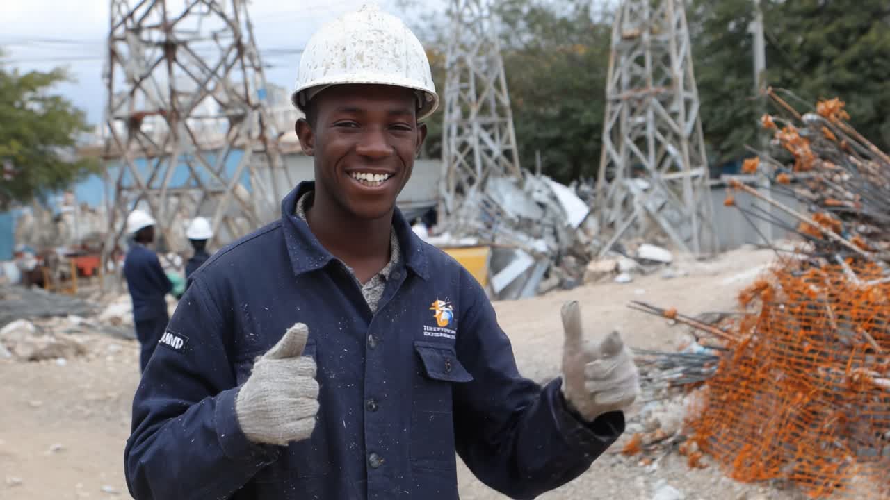 Young construction worker smiling confidently at a job site, showcasing a sense of accomplishment and teamwork amidst a bustling construction environment