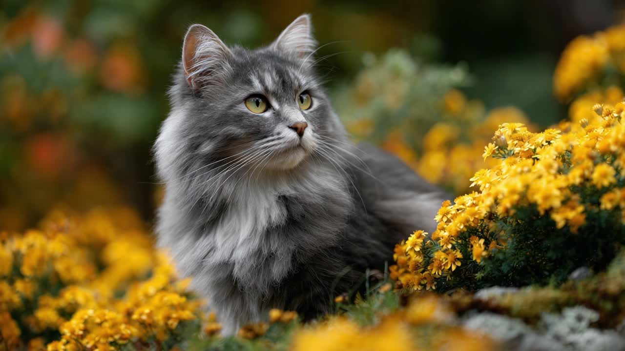 A Majestic Gray Cat Amongst Vibrant Yellow Flowers in a Lush Garden Setting, Capturing the Beauty of Nature and the Graceful Presence of Felines