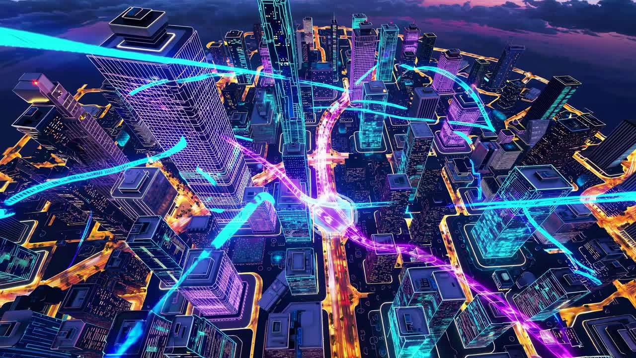 Futuristic Night Cityscape with Digital Network