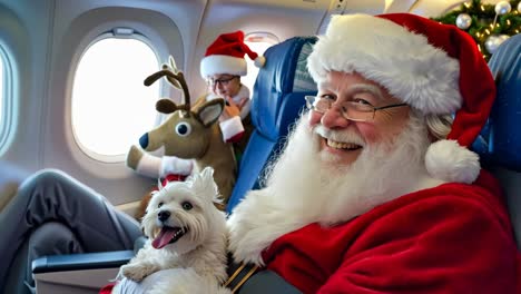 a man in a santa claus suit sitting in an airplane with a dog and a reindeer