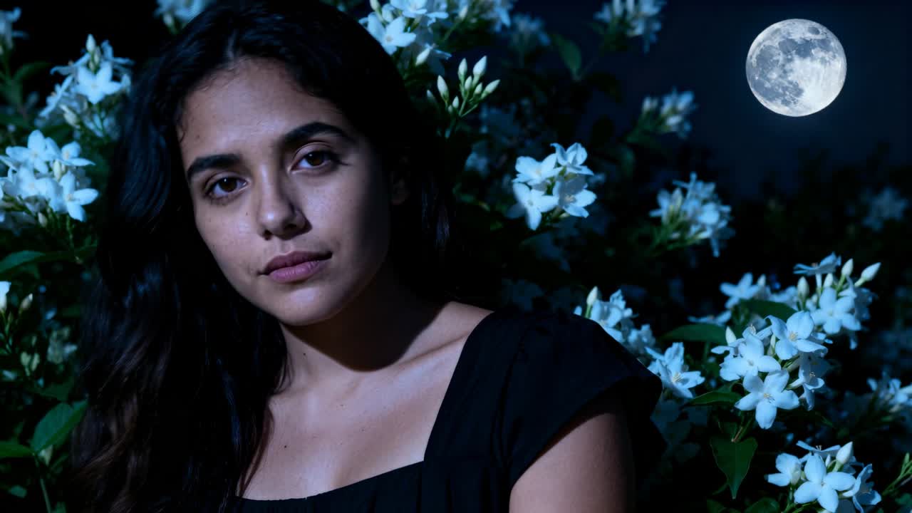Donna in abito nero che muove la testa, inquadratura notturna che si stringe su di lei, fiori bianchi, luna piena.