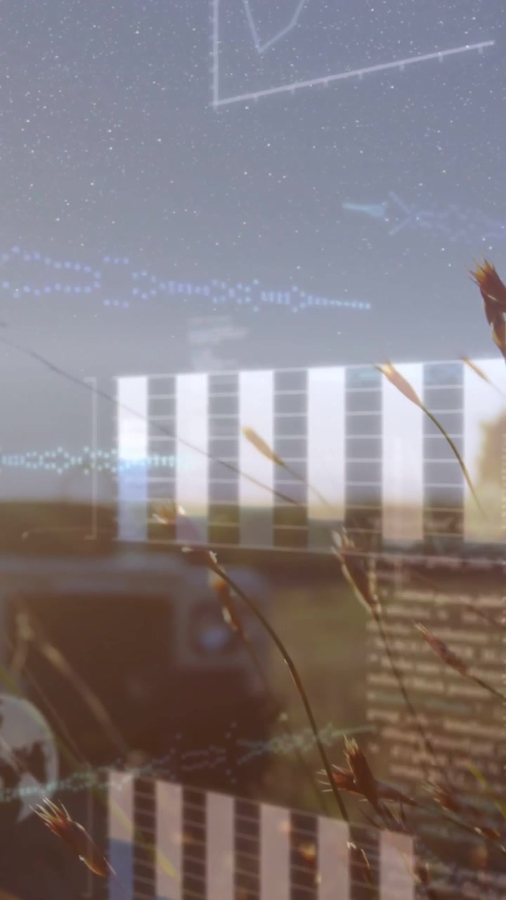Vertical video: Off-road vehicle front in field, data starting and adding waveform bars for tech