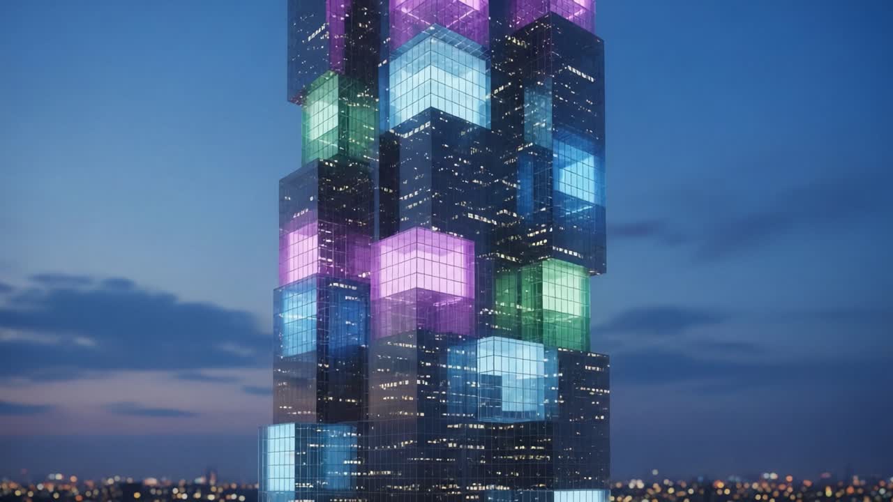 A Dazzling Architectural Marvel: A Tower of Colorful Cubes Illuminated Against a Night Sky in Stunning Urban Landscape
