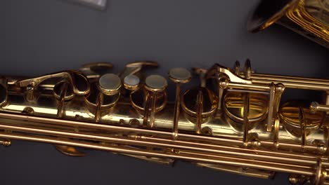 flat lay panning close up saxophone keys