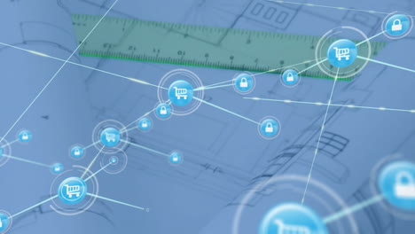 network of shopping cart and lock icons animation over architectural blueprints