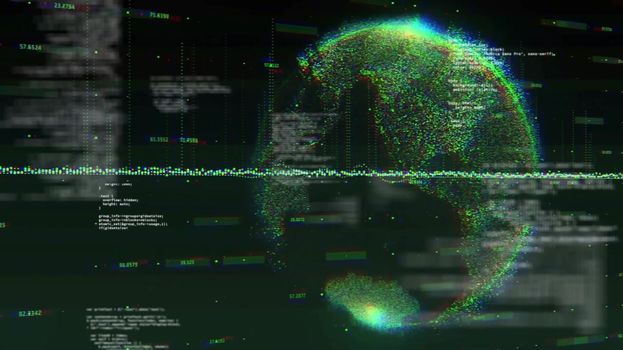Waveform starting code snippets and labels guiding particles forming rotating globe showing flow