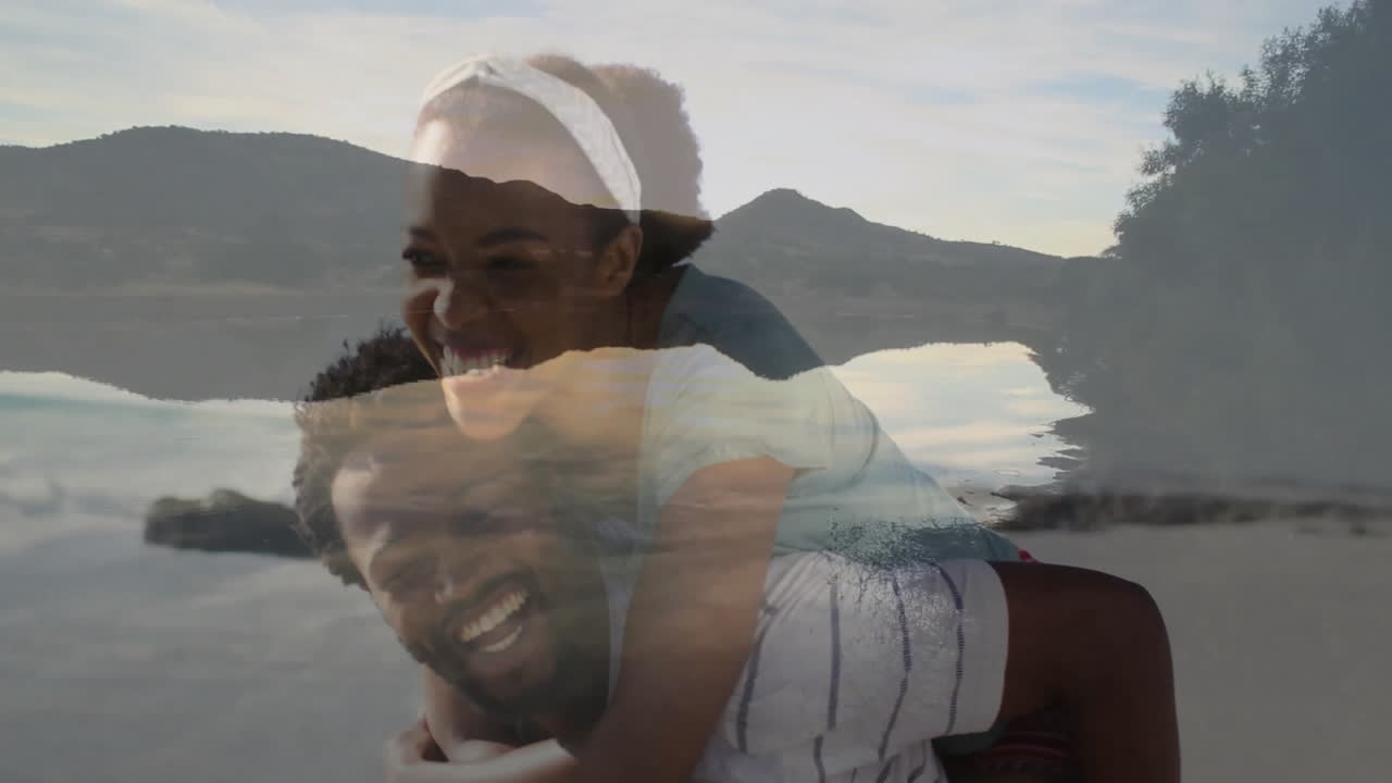 couple taking piggyback ride on beach, displaying health analytics chart and heart icon floating