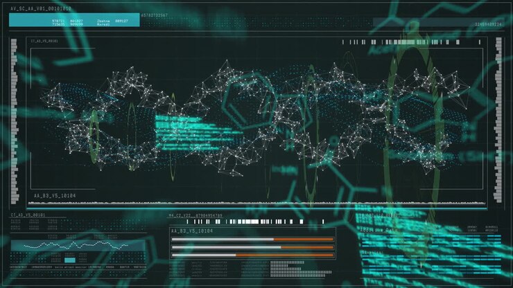 Animation of circular scanner over dna network and processing data