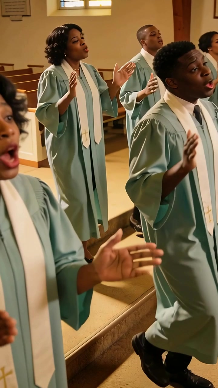 Vertical video: Singing as song starts, right man raising hands in worship on risers, robe stole