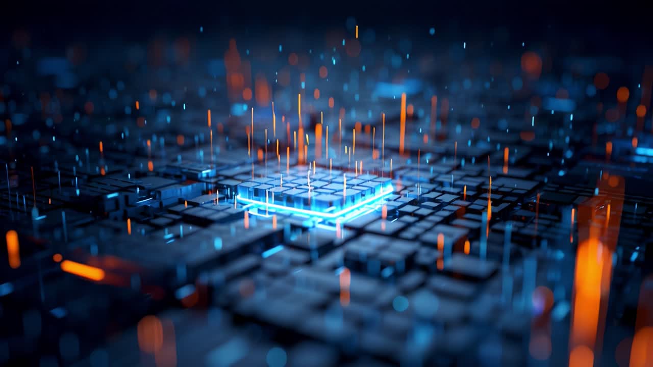 An immersive close-up view of a futuristic digital landscape featuring a glowing microchip surrounded by luminous data streams and vibrant particles representing advanced technology