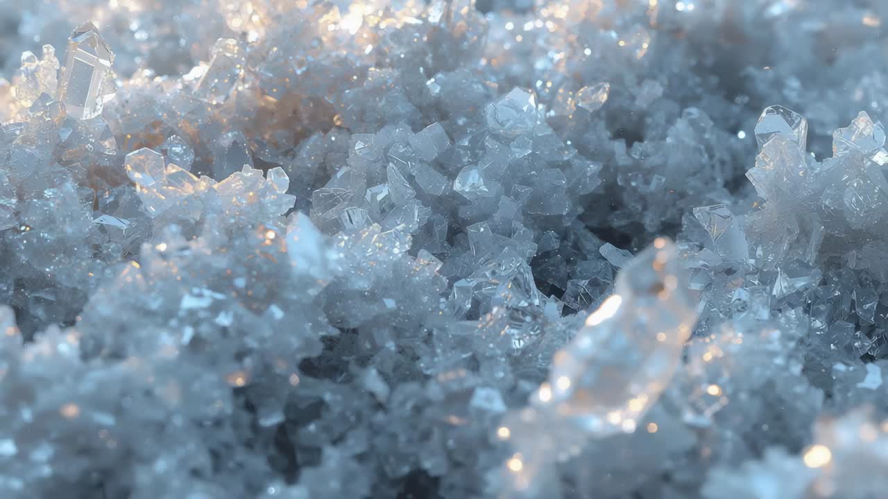 Shifting camera over dense field of clear faceted crystals on tabletop, revealing sparkles and gaps