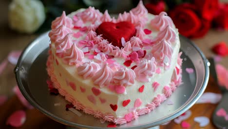heart shaped cake with pink frosting and red heart decor