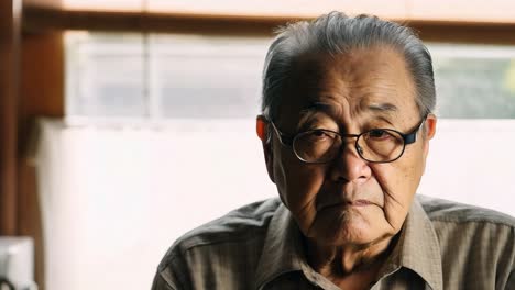 elderly man sits in his kitchen, posing for a series of portraits, his expression gradually changing from a distant gaze to a more serious and contemplative look