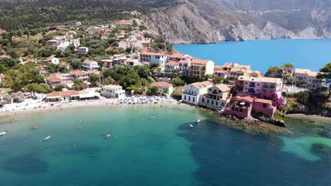 revealing drone shot of the city asos on the island of kefalonia