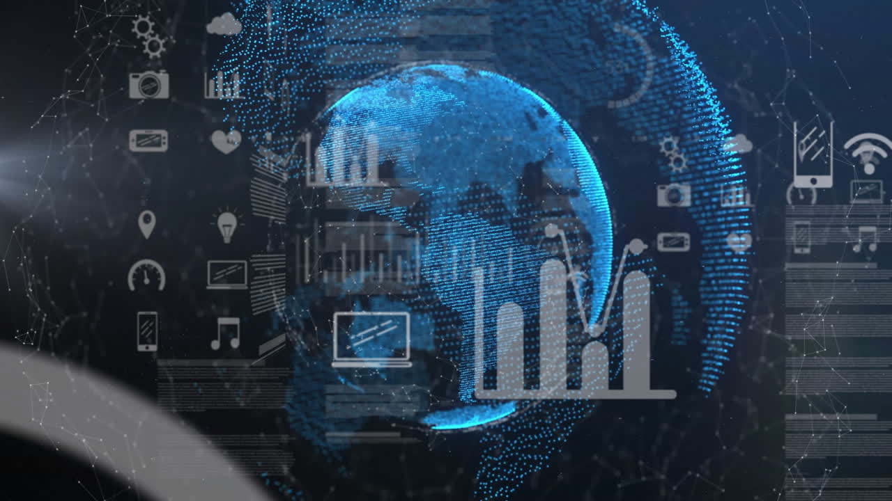 Global data analytics and statistics animation over digital Earth hologram