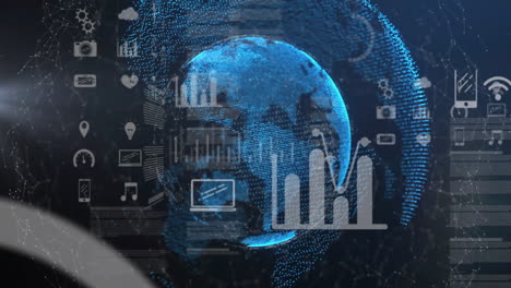 global data analytics and statistics animation over digital earth hologram