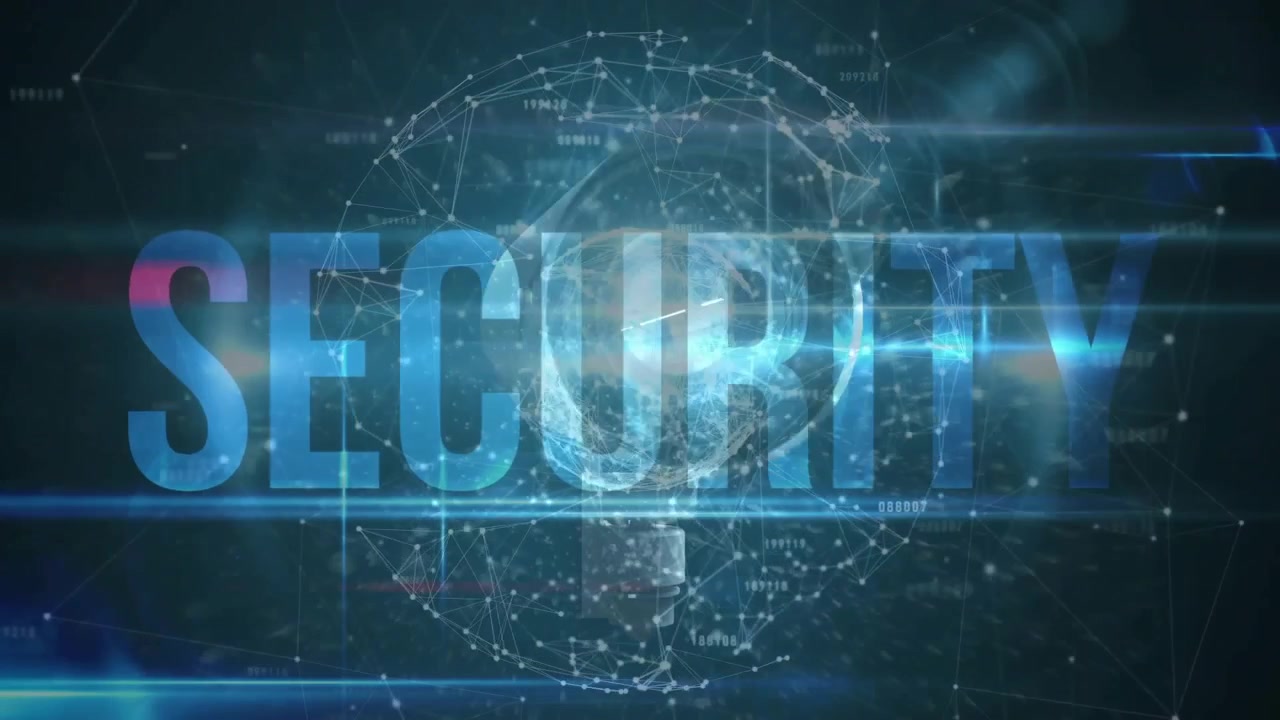 Triangular panel sliding over globe revealing lit bulb and SECURITY text illustrating cybersecurity