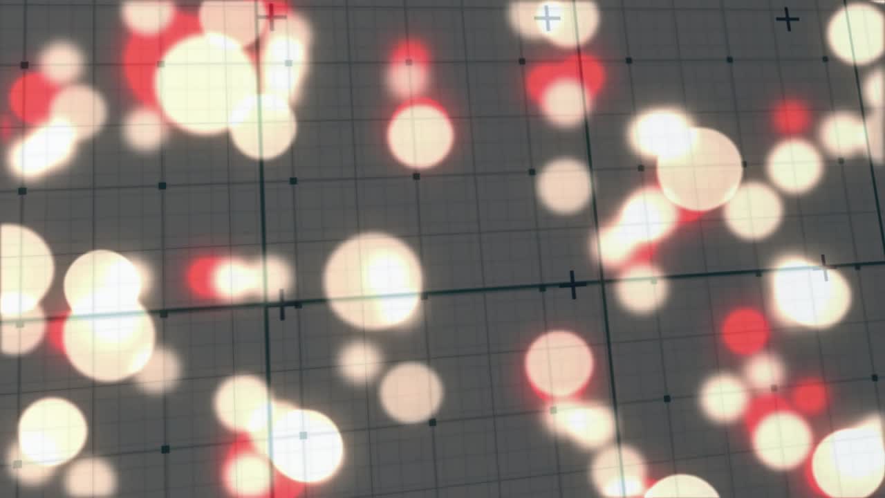 On start blurred white red circles drifting pulsating clustering over static grid for pattern shift