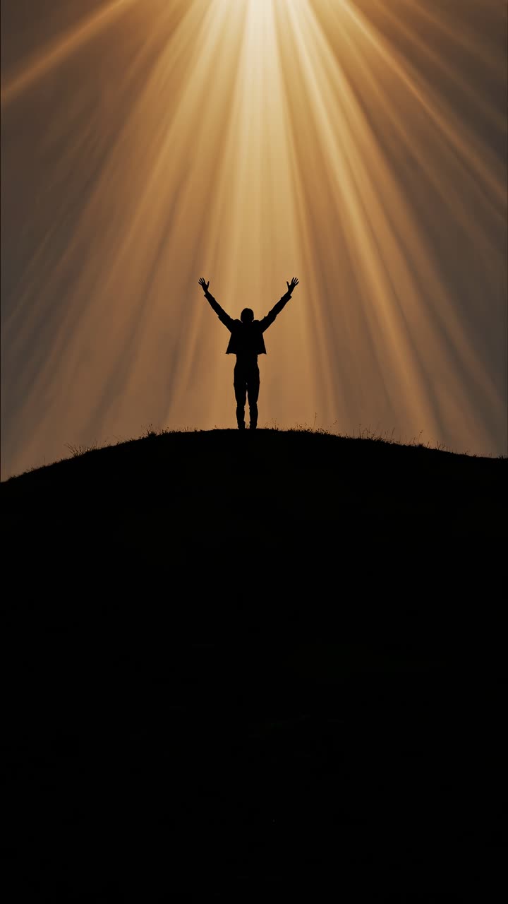 Silhouette of a person on a hilltop with arms raised, captured from a low angle