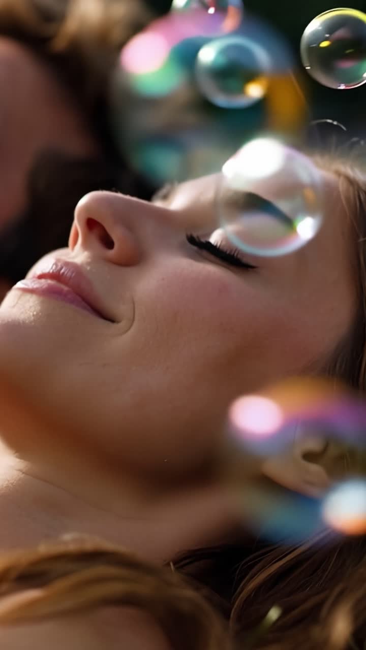 La luce solare soffusa avvolge volti delicati. Bolle fluttuano vicino a occhi chiusi. I sorrisi esprimono una gioia calma e delicata. Riposano, contenti in una pace condivisa. Ideale per scene tranquille, romantiche o naturalistiche