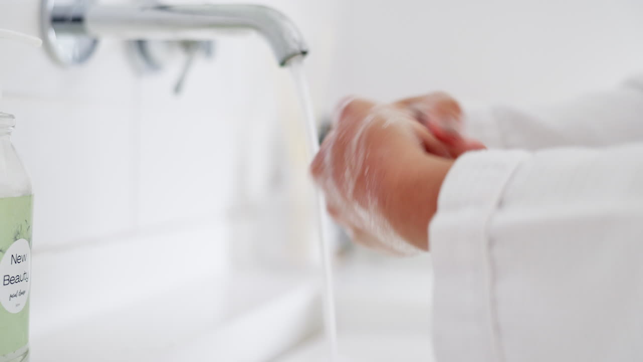 Person, water and washing hands in hygiene