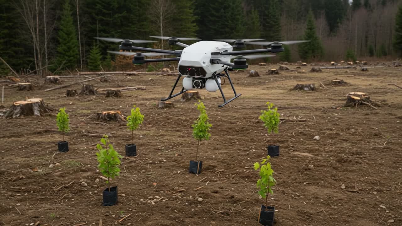 A Drone Assessment of Newly Planted Trees in a Reforestation Area, Hovering Over Young Saplings in a Managed Timber Landscape