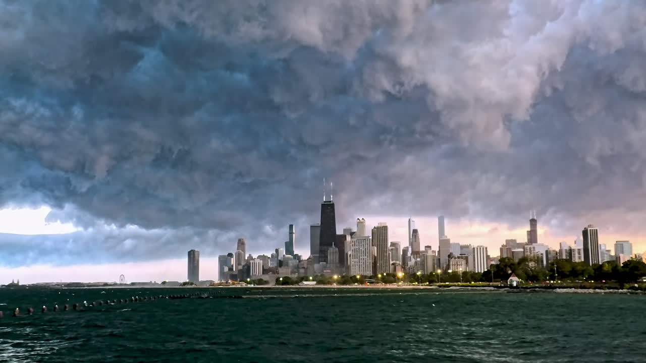 Dramatic storm cloud sky above Streeteville skyline, fall evening in Chicago