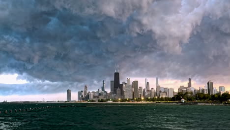 dramatic storm cloud sky above streeteville skyline, fall evening in chicago