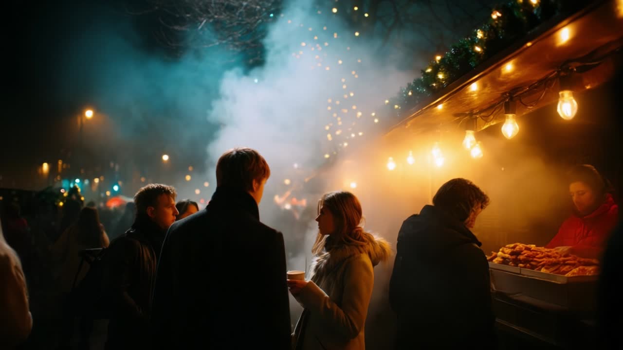Atmospheric Night Market with Warm Lighting and People Enjoying Food and Drinks Amidst a Soft Mist, Creating a Cozy Ambiance Filled with Holiday Spirit and Cheerful Conversations